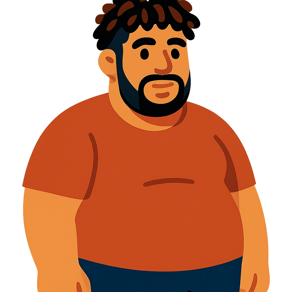 tan guy with mid-length brown and black curly hair like LaMelo Ball, beard, chubby build emoji