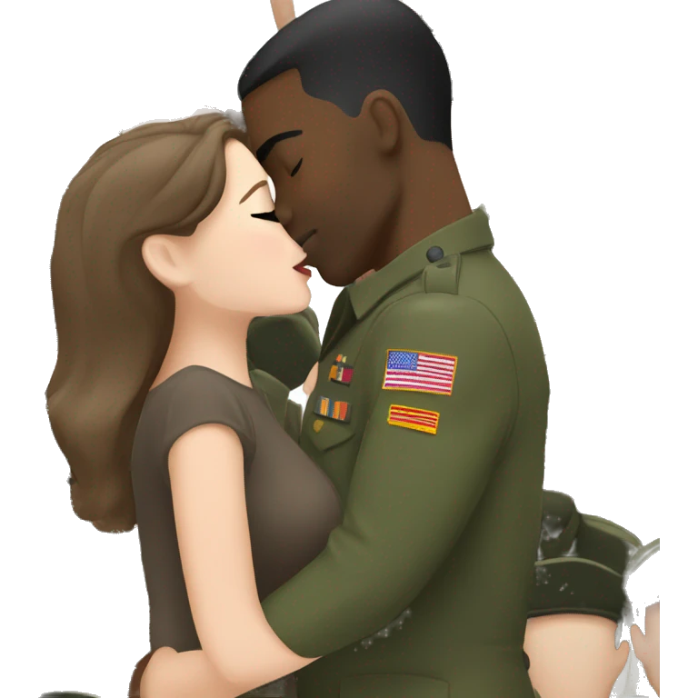 brunette girl kissing black military man emoji