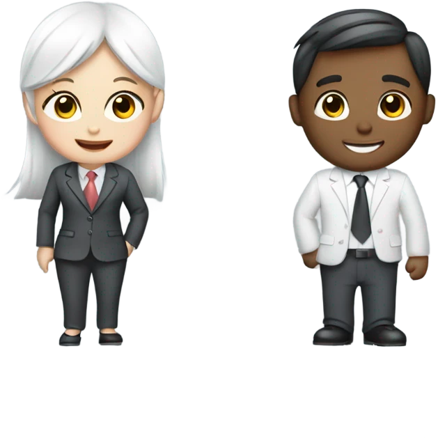 a girl and a boy businessman, both with white skin and cute suits with a smile emoji