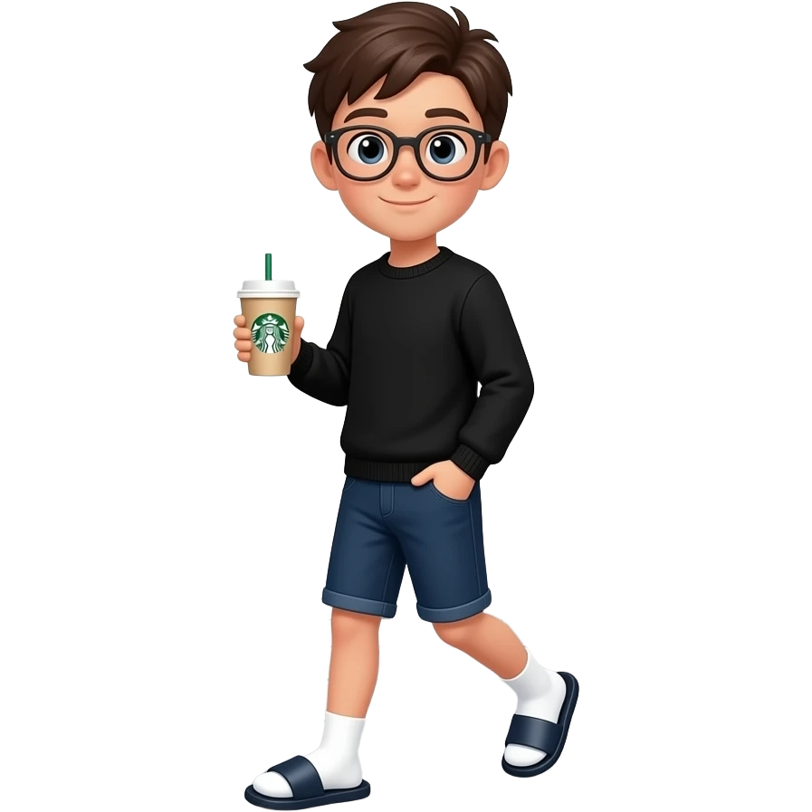 create a young boy walking across in a bridge, she's wearing a black sweater, and a long jorts, she's wearing a slide slipper with a white socks, she is carrying a cup of starbocks, and her hand is in his pocket. emoji