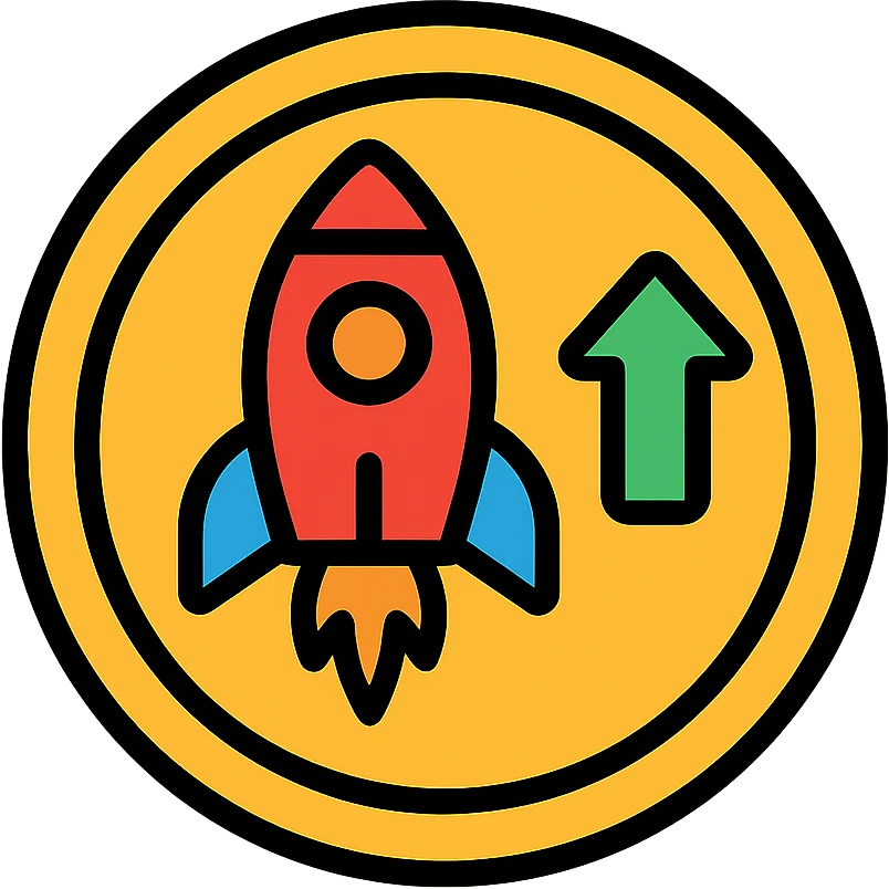 golden coin with a rocket and upward arrow, symbolizing crypto trading success, color outline style emoji