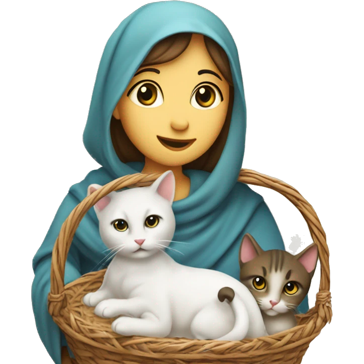 Christmas nativity scene NO humans with a star of Bethlehem and 1 mother cat and 5 kittens in a basket emoji