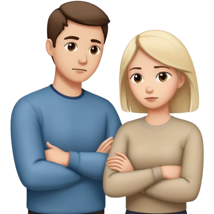 couple resolving conflict, one person with avoidant attachment style turning away with arms crossed, the other with secure attachment style offering a hand to talk emoji