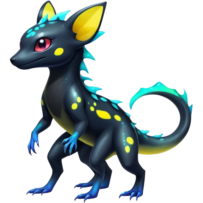 Colorful Neon Exotic Salandit-Aurorus-Umbreon-Fakémon-hybrid-creature with iridescent splash markings (full body)  emoji