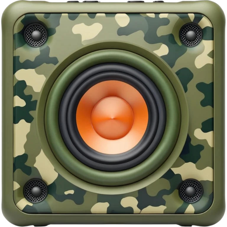 Geometric JBL Clip 4 speaker with olive green digital camouflage pattern, iOS emoji style emoji