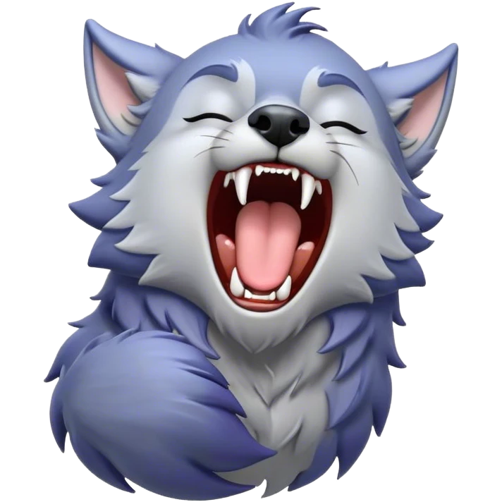 Cinematic Cute Yawning Werewolf Portrait Emoji, with a cuddly, miniature lupine form in soft moonlit grays and silvers, head leaning back in a big, adorable yawn that reveals a few fuzzy teeth, simplified yet irresistibly charming, highly detailed with a soft glowing outline that captures the drowsy, playful essence of a werewolf mid-nap! emoji
