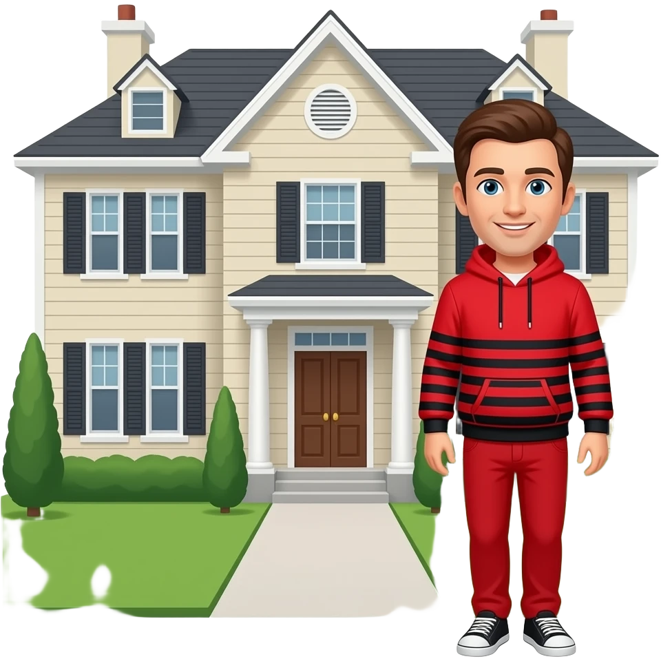 hacme una imagen de un señor saliendo de una casa grande con una cara con pantalones rojos i una sudadera roja con rallas por avajo de la sudadera negras i que el señor tenga cara porfavor emoji