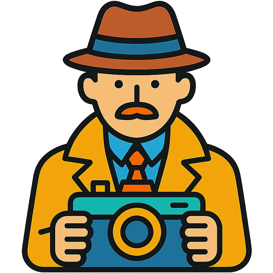 1930s private detective with camera, colorful icon with black outlines emoji