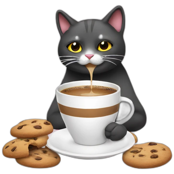 Cat drinks coffee and eats cookies emoji