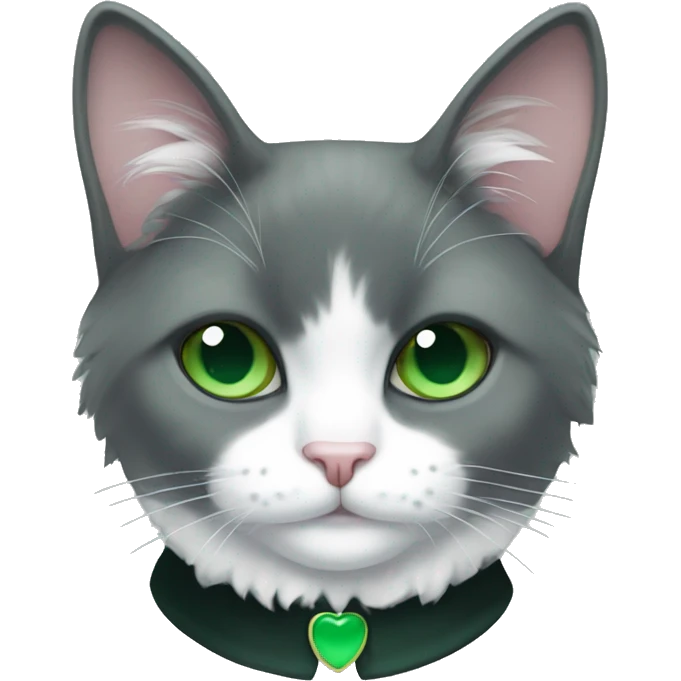fluffy tuxedo cat with green eyes and green collar emoji