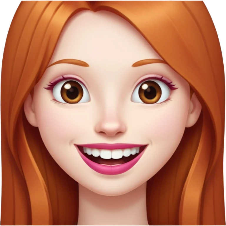 Young girl with pale skin, very long face, full pink lips smiling with big teeth, very long straight auburn hair (lighter ginger, not intense red), big brown eyes, big nose, big mouth emoji