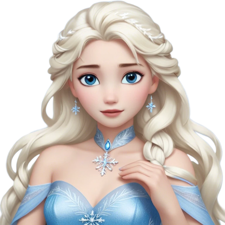 Cinematic Realistic Elsa Portrait, depicted with lifelike skin texture, soft natural lighting, and intricately detailed platinum blonde hair styled elegantly. Her striking, expressive blue eyes exude confidence and grace, complemented by a serene and regal expression. She holds a shimmering snowflake delicately in one hand, her other hand resting against her gown, embodying the power and beauty of winter. She is dressed in her signature icy attire, with shimmering fabric textures and delicate folds that catch the light beautifully. The portrait features a soft, enchanting glow with a cool, radiant finish, capturing the essence of timeless elegance in a realistic and painterly style. emoji