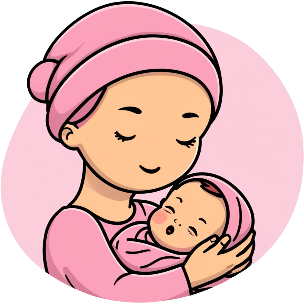 mother tenderly holding sleeping newborn baby wearing pink knit hat emoji