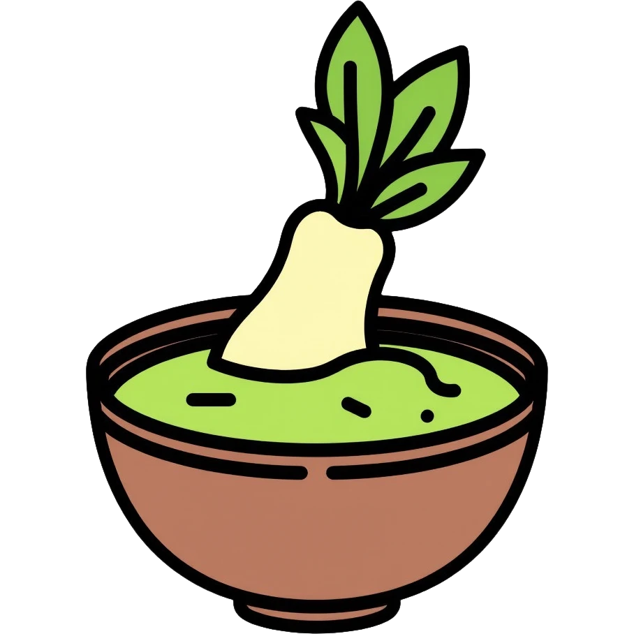 Wasabi root and ground wasabi paste in a bowl emoji