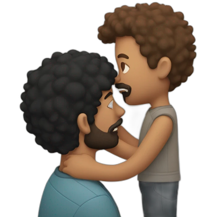 White Man with black hair and ginger beard is kissing white man with black hair and shaved bear emoji