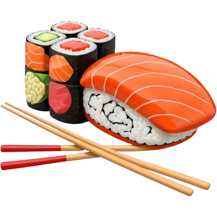 Japanese cuisine humanless avatar in minimalist emoji-style illustration. Sushi, roll and 2 chopsticks, clean lines, red white colors, flat design, calm and modern. emoji