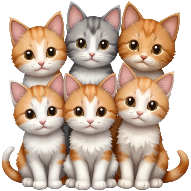 6 tiny kittens cuddling together all various different natural colours including grey and white, ginger and white, calico, grey, and brown tabby and white emoji