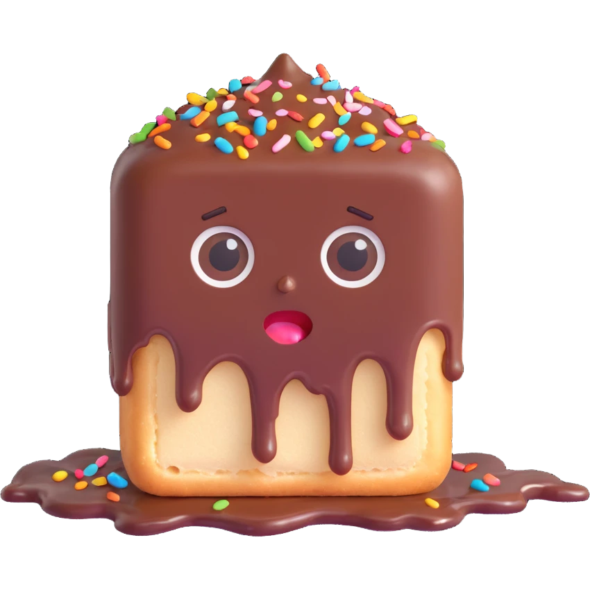 Rectangular chocolate mini pastry, messy chocolate dripping, sprinkles flying, surprised eyes, open mouth, text above: "ПАСТИЧКА", chibi style, Twitch emoji style, transparent background, colorful
 emoji