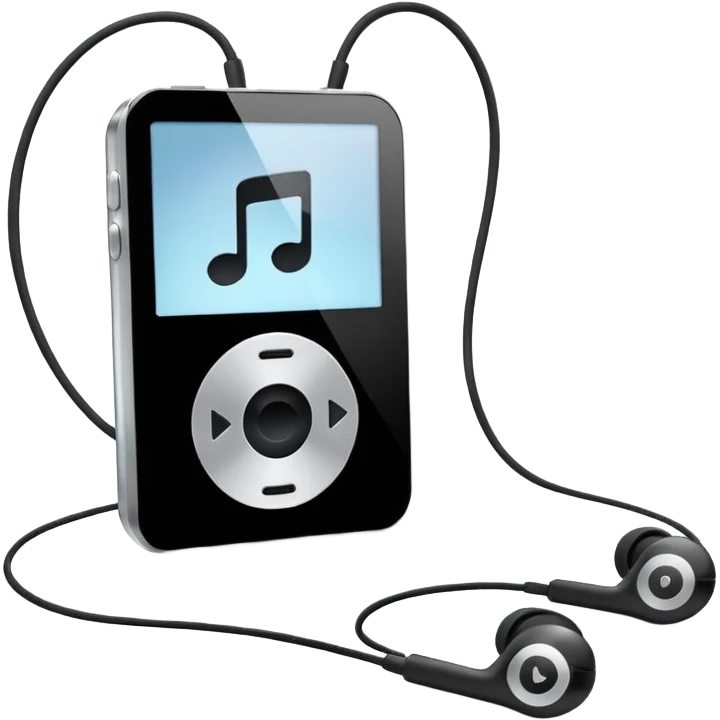 Futuristic iPod emoji with earphones, metallic black and white, smooth reflective surfaces, flat minimal vector design, clean UI style emoji