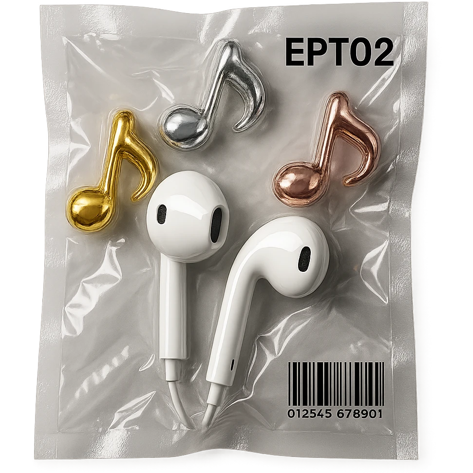 pair of white EarPods with three floating glass music notes in gold, silver, and rose gold, shiny and puffy emoji