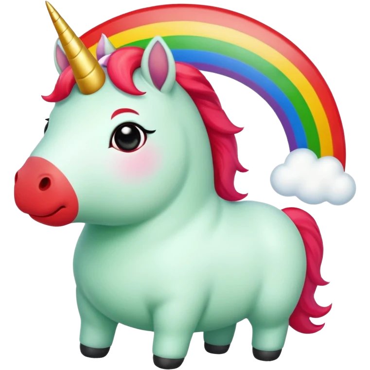 Small chubby unicorn in colours of jade green, black and red eyes, farting rainbow emoji