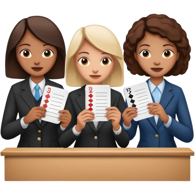a group of jury members holding up score cards, simple, expressive, no text on cards emoji