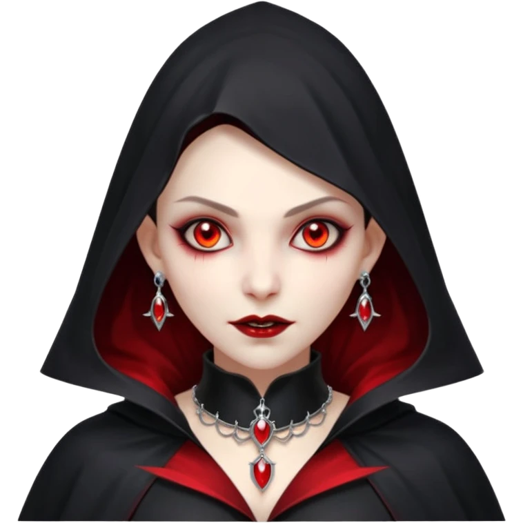 vampire village woman portrait, head and shoulders only, dark gothic cloak collar, sharp fangs, red glowing eyes, elegant yet eerie expression, subtle jewelry, 3D cartoon, mobile game icon style, clean background, no text, no watermark emoji