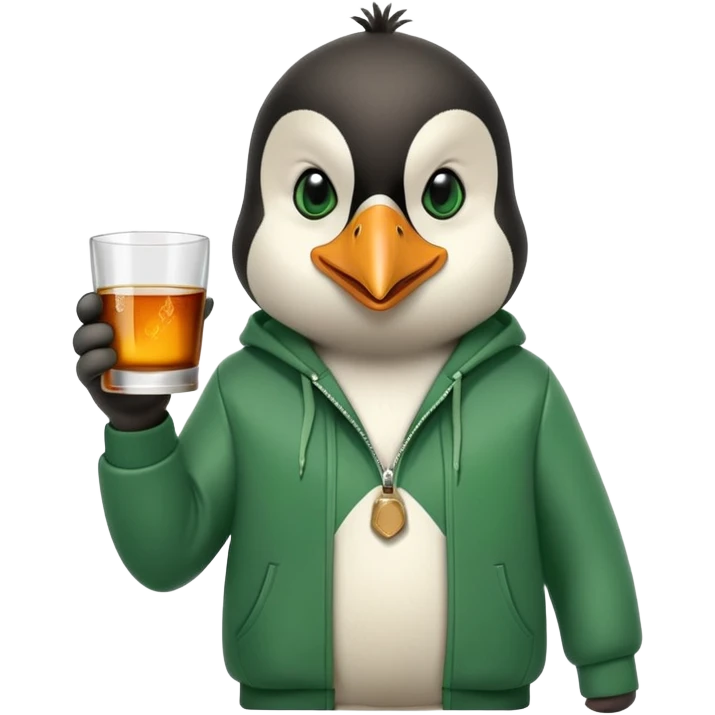 head and shoulders portrait of a friendly anthropomorphised penguin wearing a green mafia-style tracksuit, angry confident scheming expression, holding a glass of whiskey emoji