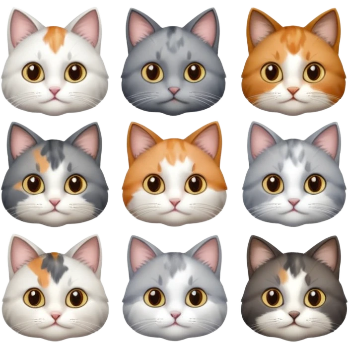 6 realistic looking cats with different natural coloured coats, assorted grey and white, greys, calico, brown and white colours etc
 emoji