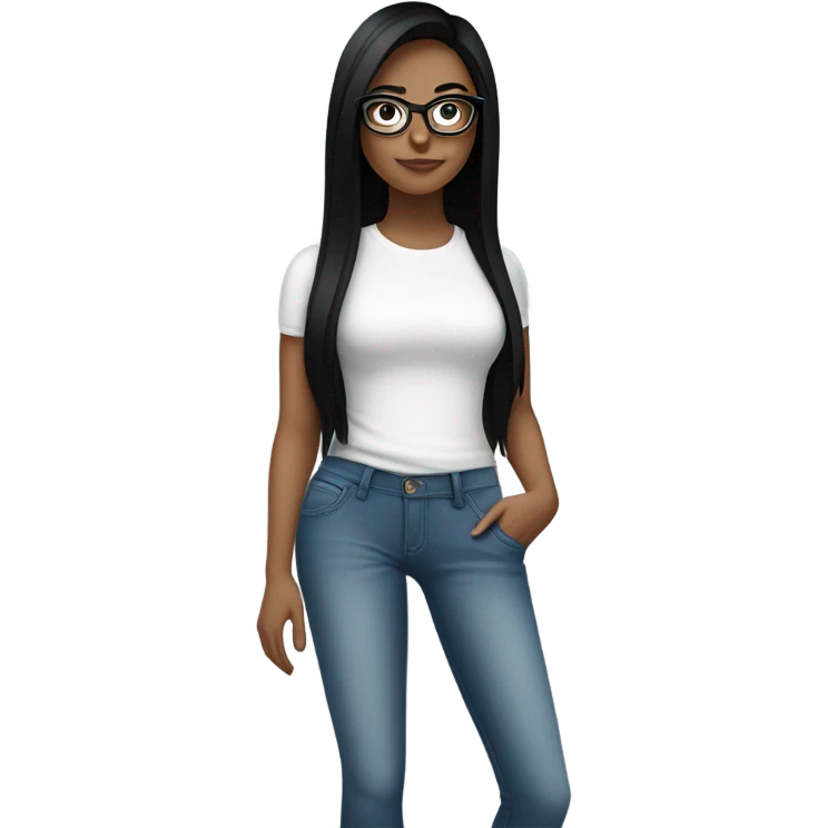 White girl with straight black hair and glasses wearing a white crop top and jeans glasses full body emoji