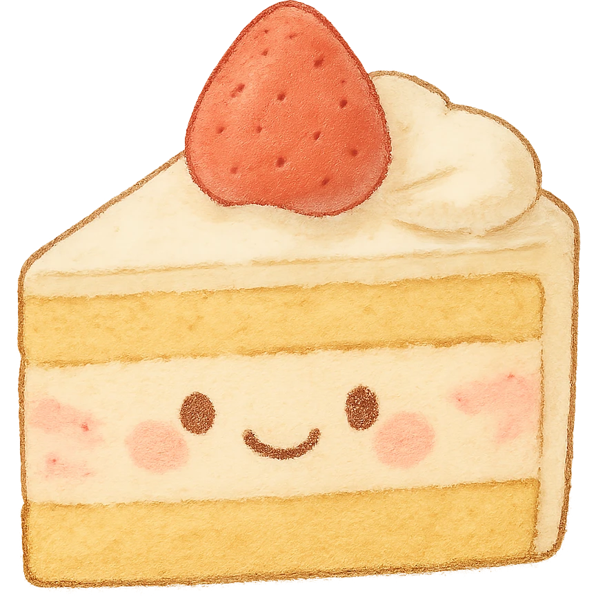 kawaii strawberry cake slice, soft pastel Japanese hand-drawn style, full object, transparent background, with a gentle smile emoji