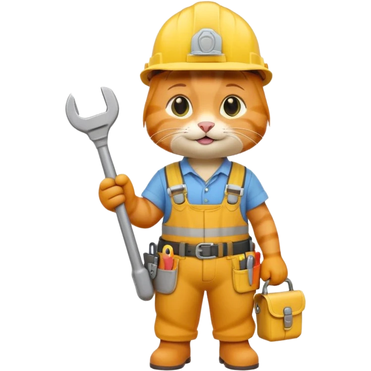 orange tabby cat wearing yellow hard hat holding tiny wrench, standing upright with tool belt, 3D emoji style emoji