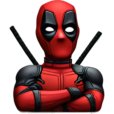 Cute Deadpool sitting at a desk, front view emoji