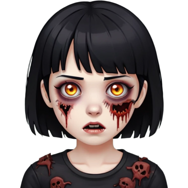 zoombie girl with black hair and short bangs wearing a destroyed black top  emoji