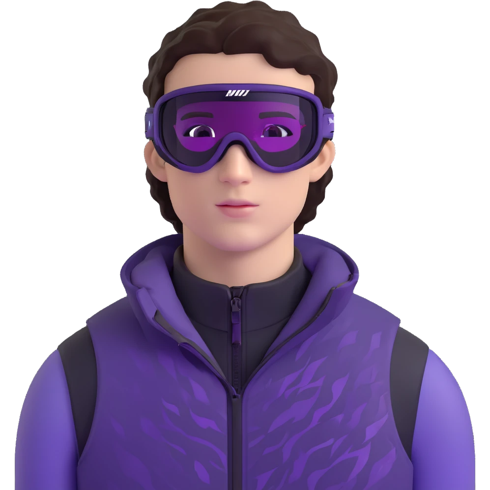 close-up of male athlete with white skin and moderately curly dark brown hair on top with shaved sides, wearing ski goggles with purple frames and very dark black lenses, a simple plain black chain necklace, and a completely unzipped sleeveless vest with purple and black sequin fire pattern design with no logo, frame centered on face and upper chest emoji