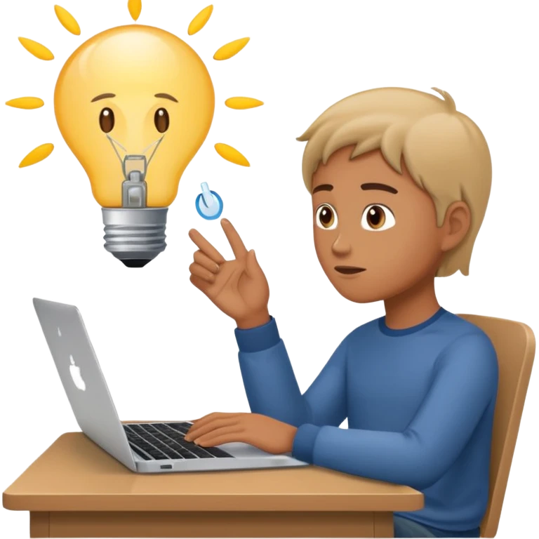 Like a cartoon working with a computer (macbook, showing the apple logo) thinking and a light bulb above his head while he thinks emoji