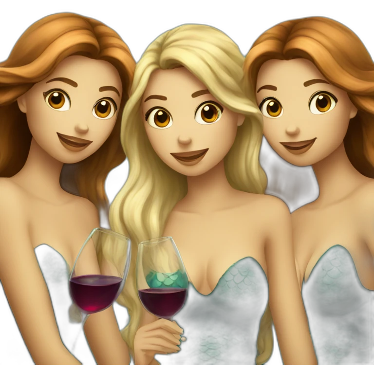 Three beautiful mermaids (two brown hair and blond one) drinking wine emoji