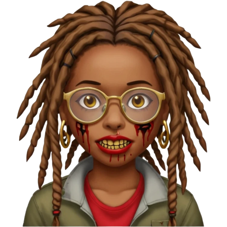 an african american girl with mid back length dread locs black glasses scar on the right side of face its like a red brown line im gold grills zombie mouth locs upfront emoji