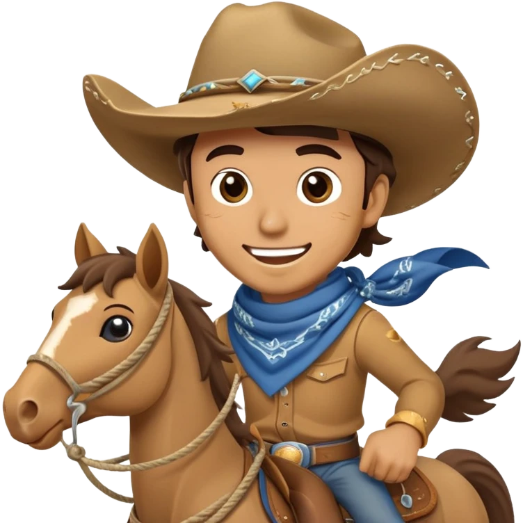 clash-of-clans-aesthetic_-cinematic-playful-cowboy-portrait-emoji, head-tilted with a roguish, cheeky grin and twinkling eyes, featuring a rugged, spirited build with a wide-brimmed cowboy hat and a rugged bandana, tan skin-tone, riding a galloping horse with reins in one hand and a lasso in the other, dust trailing behind. emoji