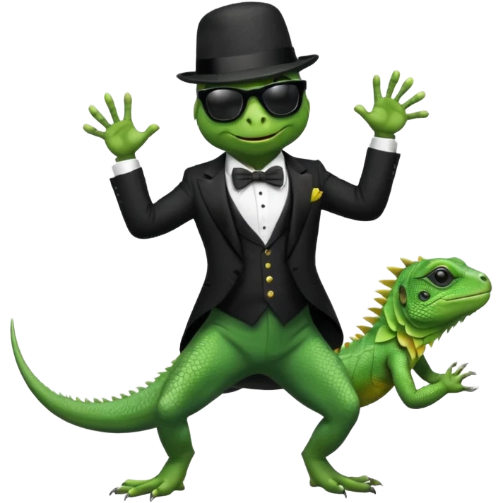 capitalist iguana in tuxedo and hat black sunglasses dancing emoji