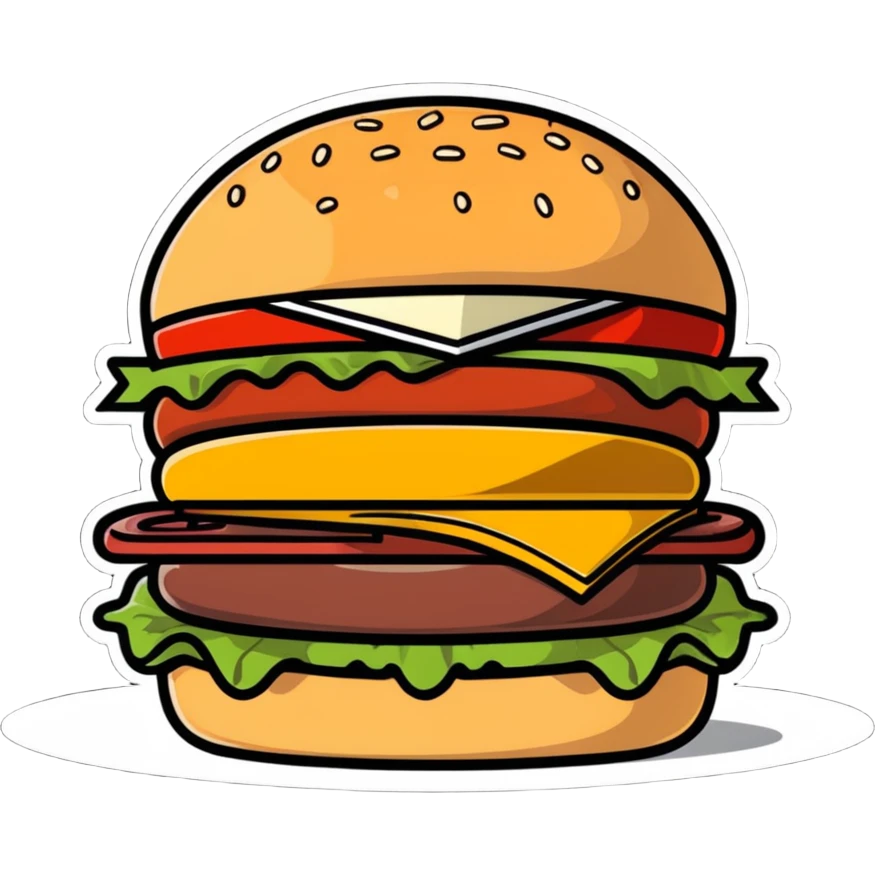 burger de chez Quick with soft bun, steak, cheese, sauce, cartoon sticker style emoji