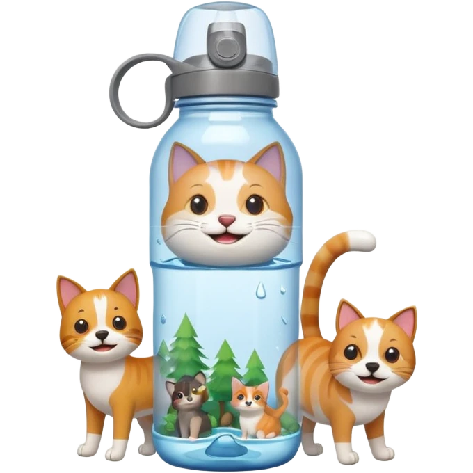 make a water bottle smile in a forests with a cat and dog  emoji