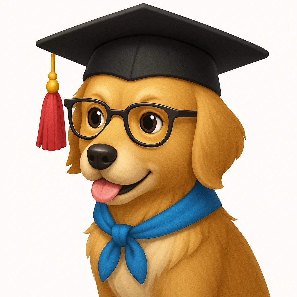 dog turned 3/4, wearing professor's hat and glasses. iPhone emoji style emoji
