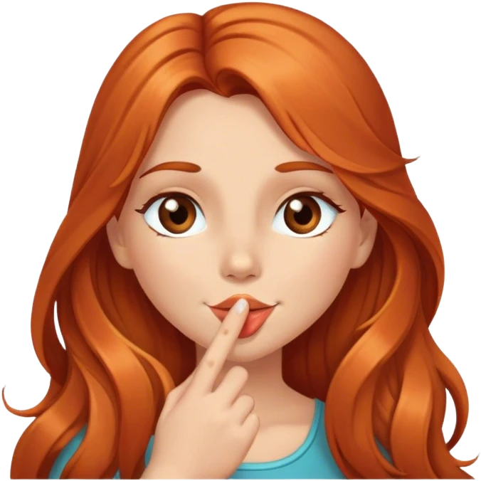 Girl with long copper hair, brow eyes, blowing a kiss and winking emoji