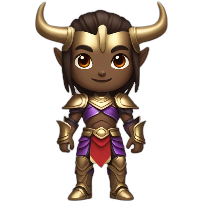 Humanoid with purple skin color, red eyes, pointed ears and Oni horns, has long straight brown hair, and wears royal gold armor emoji