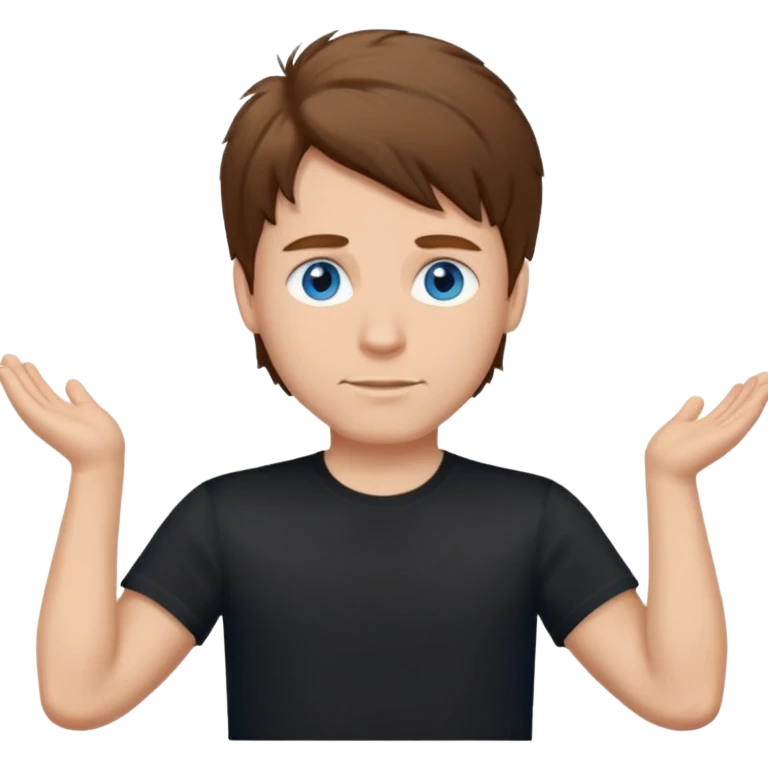 White Male, brown hair, blue eyes, black t-shirt, hair in a queef emoji