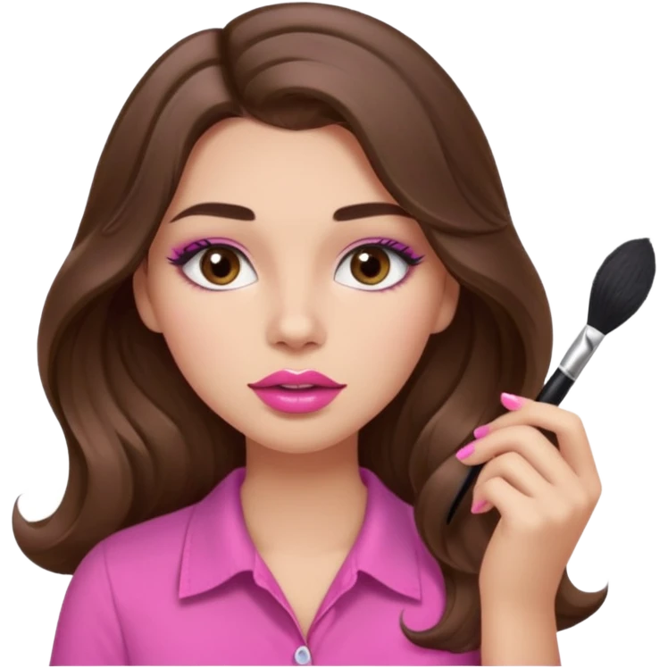 girl with long wavy brown hair, brown eyes, light to medium complexion, in a pink shirt, pink lips, long lashes, puckered lips, putting on makeup with a fluffy brush emoji