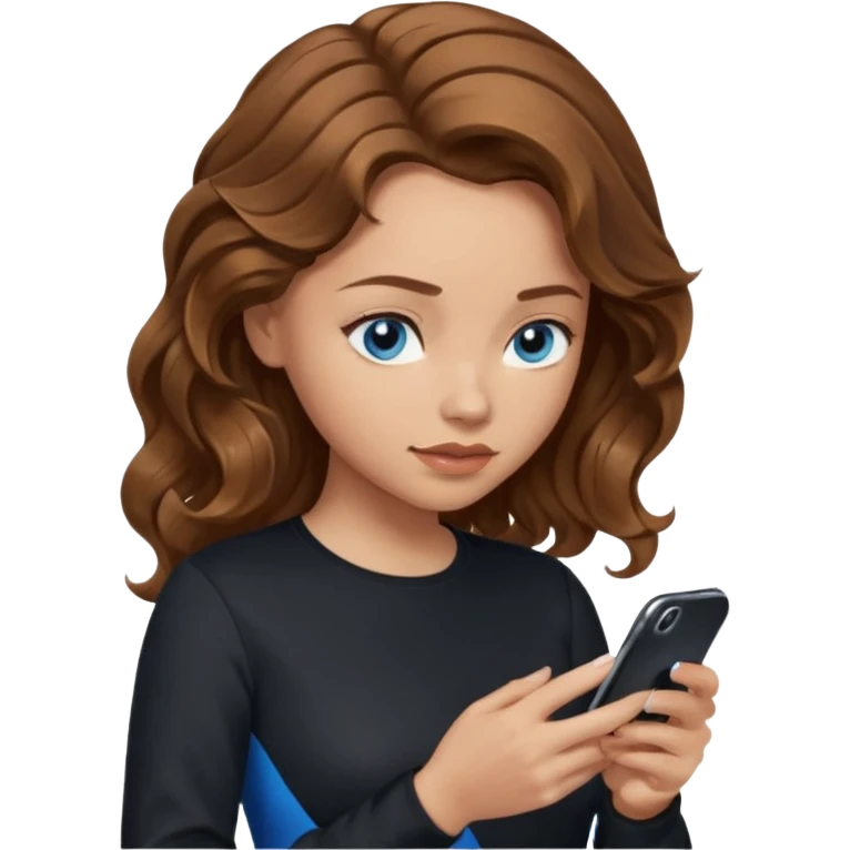 generate a pretty woman with blue eyes, light skin and medium brown long wavyshiny hair holding a phone she is looking at the phone while looking down at the screen. she is wearing an ALL black long sleeve emoji