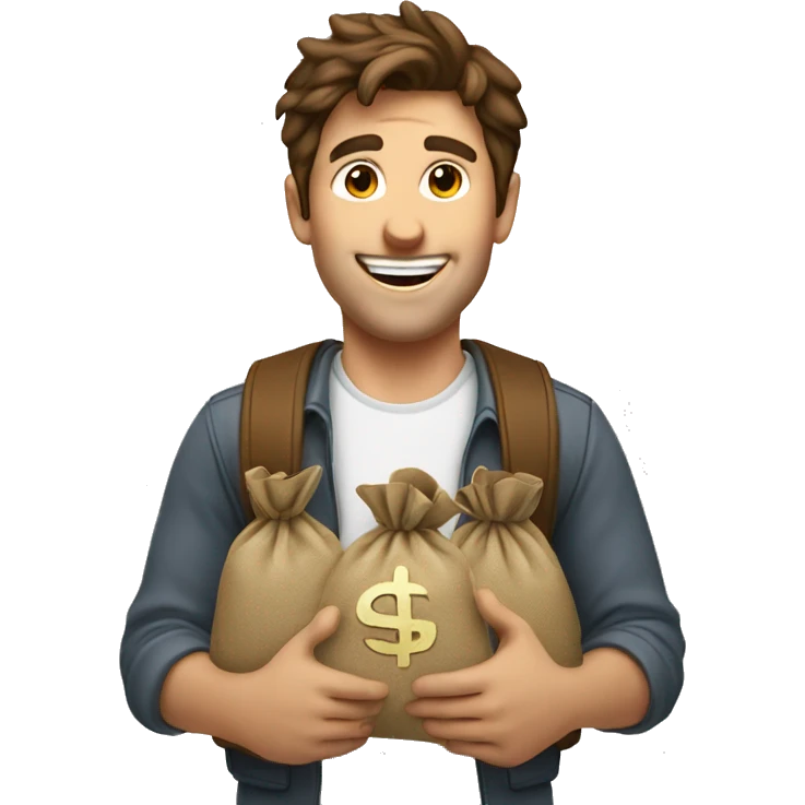 a happy guy with brown hair showing 2 money bags  emoji