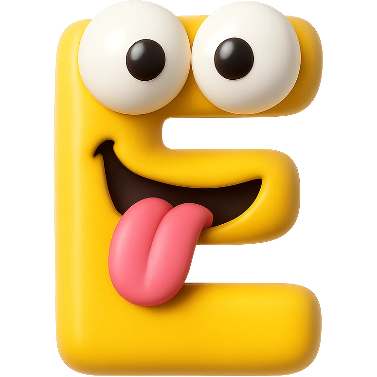 A 3D emoji in iOS emoji aesthetic style of the letter "E" personified with two large bulging, slightly cross-eyed eyes and a playful crazy expression, tongue sticking out, glossy rounded surfaces, vibrant color, clean white background.
 emoji